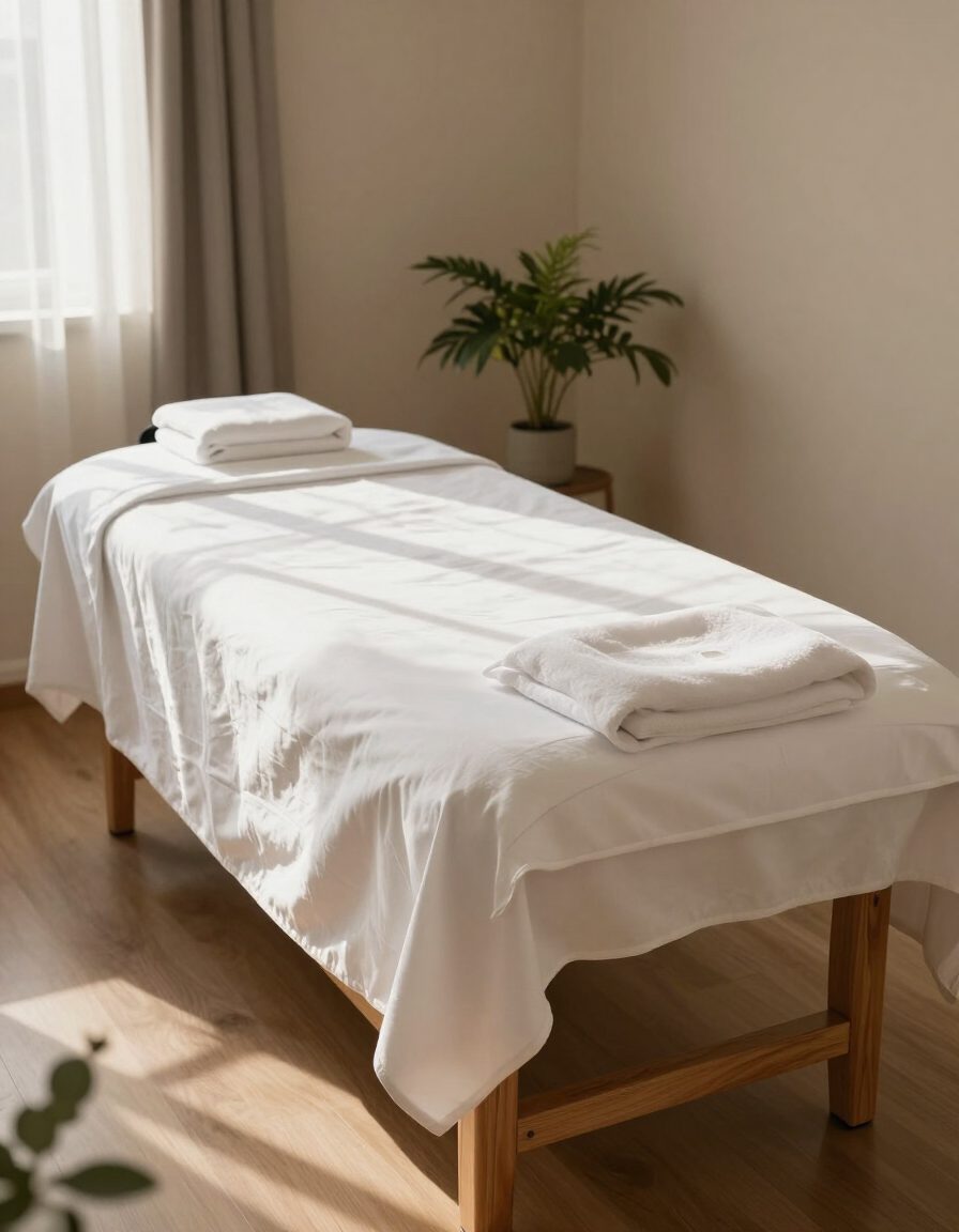 Massage table with white linens in a sunlit room, with a small potted plant nearby