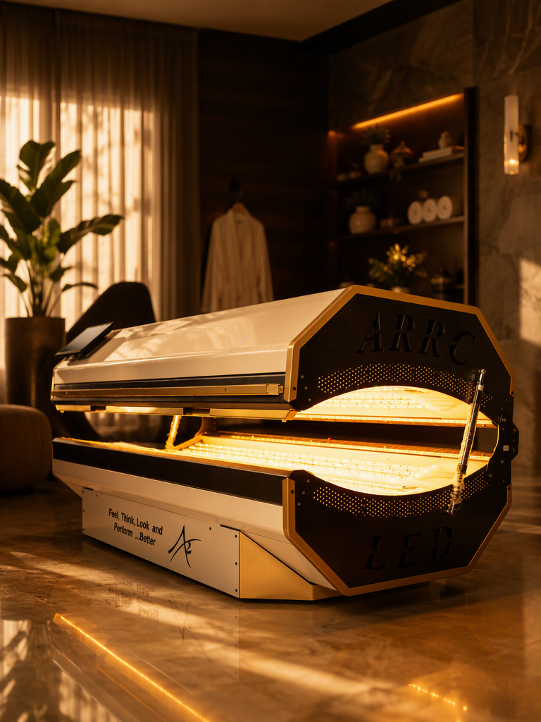 Red-lit massage room with treatment table, lamp, and window blinds