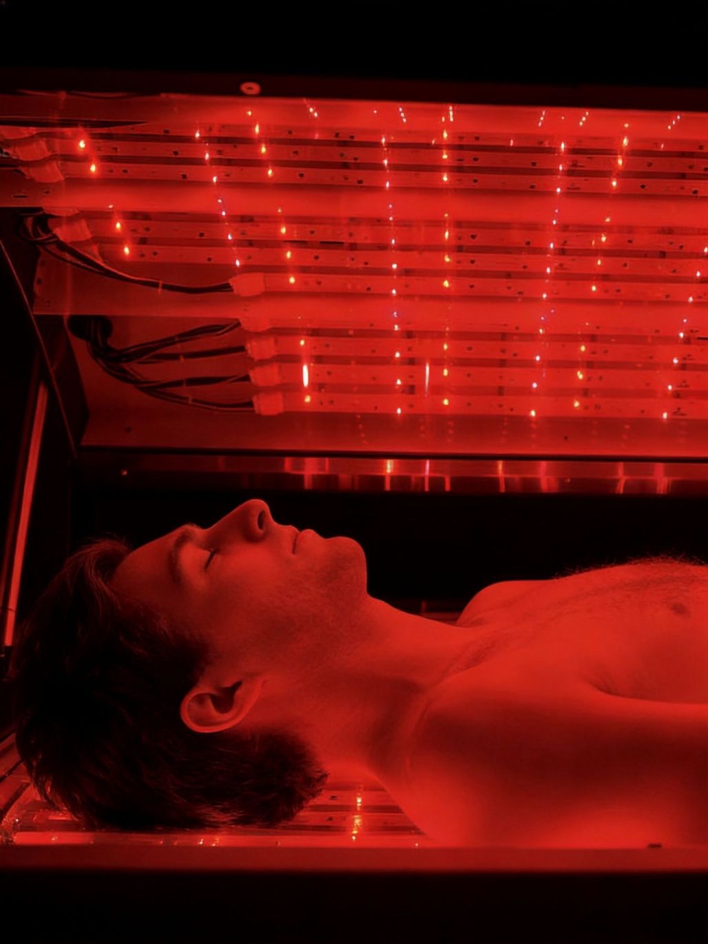 Person reclining under intense red light, face illuminated and eyes closed in a dark setting
