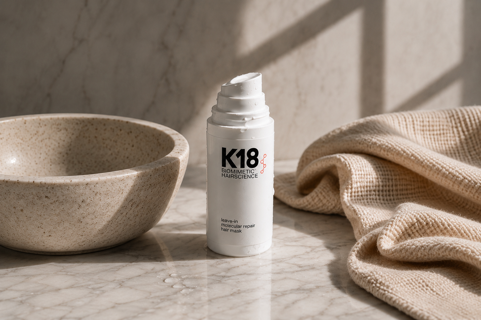 K18 hair product bottle on a marble countertop beside a stone bowl and folded beige towel