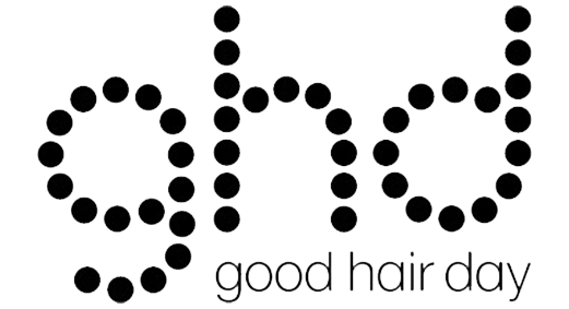 Black dotted “ghd” logo with the words “good hair day” underneath on a white background