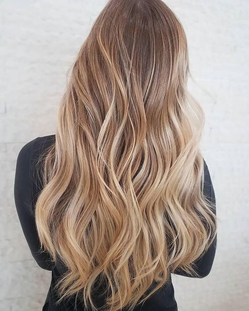 Long wavy blonde balayage hair seen from the back on a person in a black top.