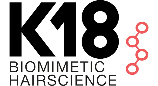 K18 Biomimetic Hairscience logo in black and red text with a molecular-style icon