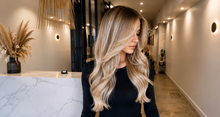 Woman with long blonde hair in a modern salon lobby, standing by a marble reception desk.