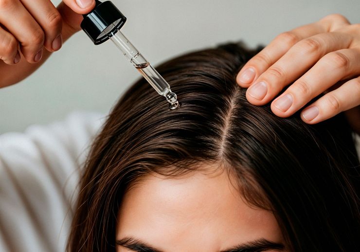 Applying oil dropper to hair parting on scalp