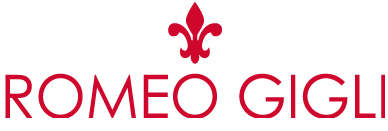 Logo rosso di Romeo Gigli con un giglio stilizzato sopra il nome del marchio.