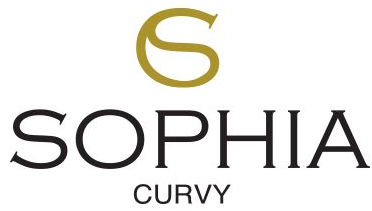 Logo di Sophia Curvy con una S stilizzata dorata sopra un testo nero su sfondo bianco.