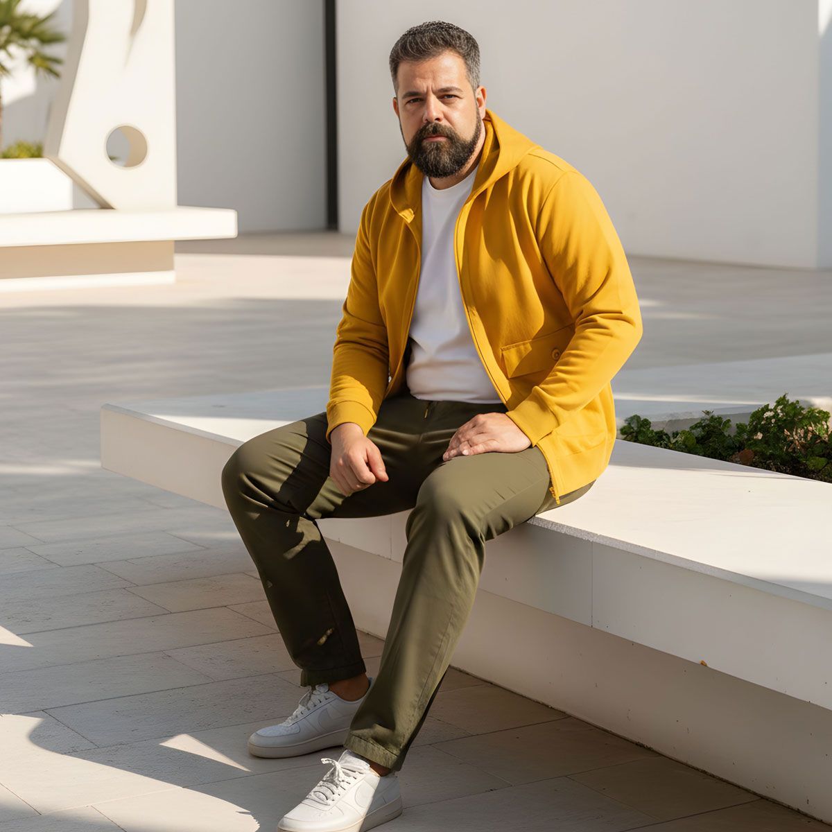 Un uomo con una camicia a fiori è in piedi all'aperto in un paesaggio desertico accanto a un veicolo blu.
