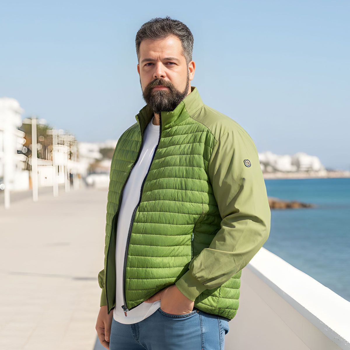 Uomo con indosso una maglietta nera con la grafica della Coca-Cola e jeans scuri su sfondo bianco.
