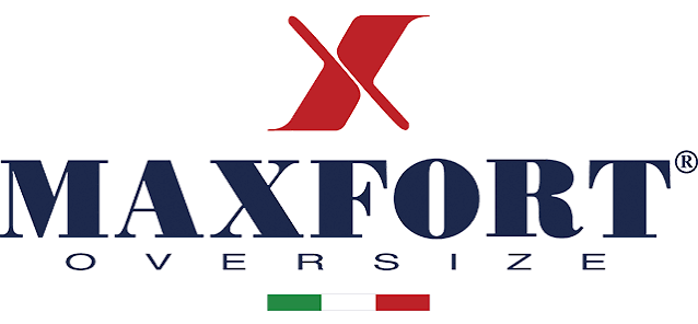 Logo MAXFORT OVERSIZE in blu navy e rosso con piccole barre verdi e rosse.