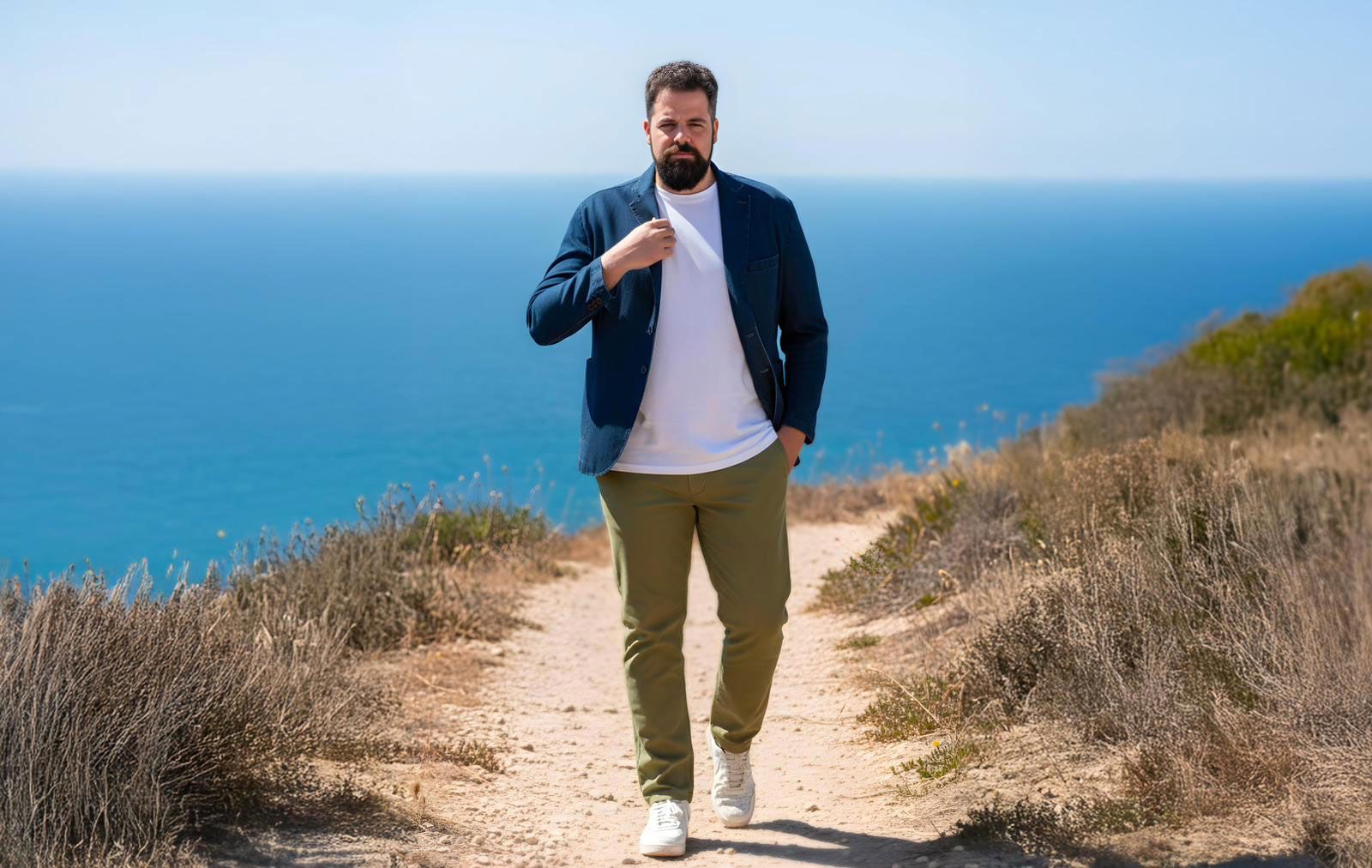 Uomo che cammina su un sentiero costiero con l'oceano blu sullo sfondo.