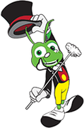 Green cartoon cricket in top hat and suit, tipping the hat with a wand. Green cartoon cricket in top hat and suit, tipping the hat with a wand.