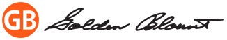 Orange “GB” logo beside a black cursive signature on a white background