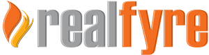 RealFyre logo with orange flame icon and gray-orange text