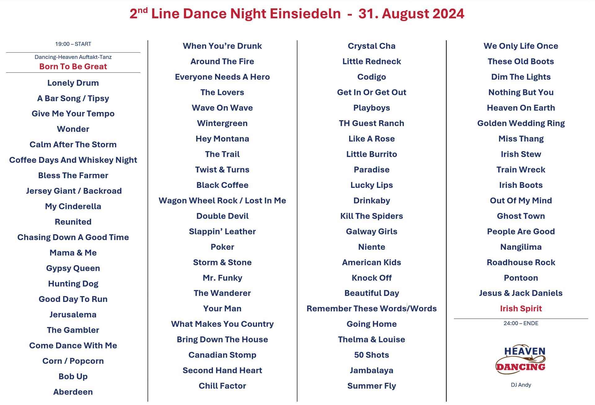 Tanzliste der ersten Line Dance Night in Einsiedeln Tanzliste der ersten Line Dance Night in Einsiedeln