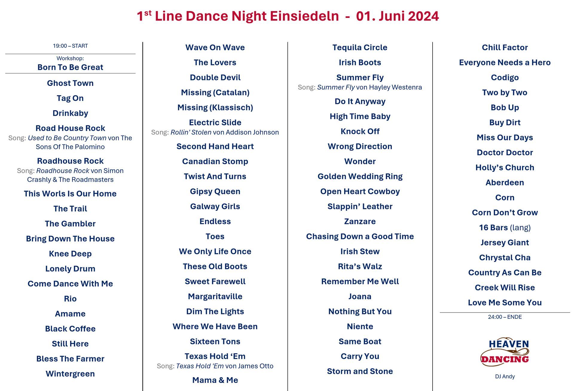 Tanzliste der ersten Line Dance Night in Einsiedeln Tanzliste der ersten Line Dance Night in Einsiedeln