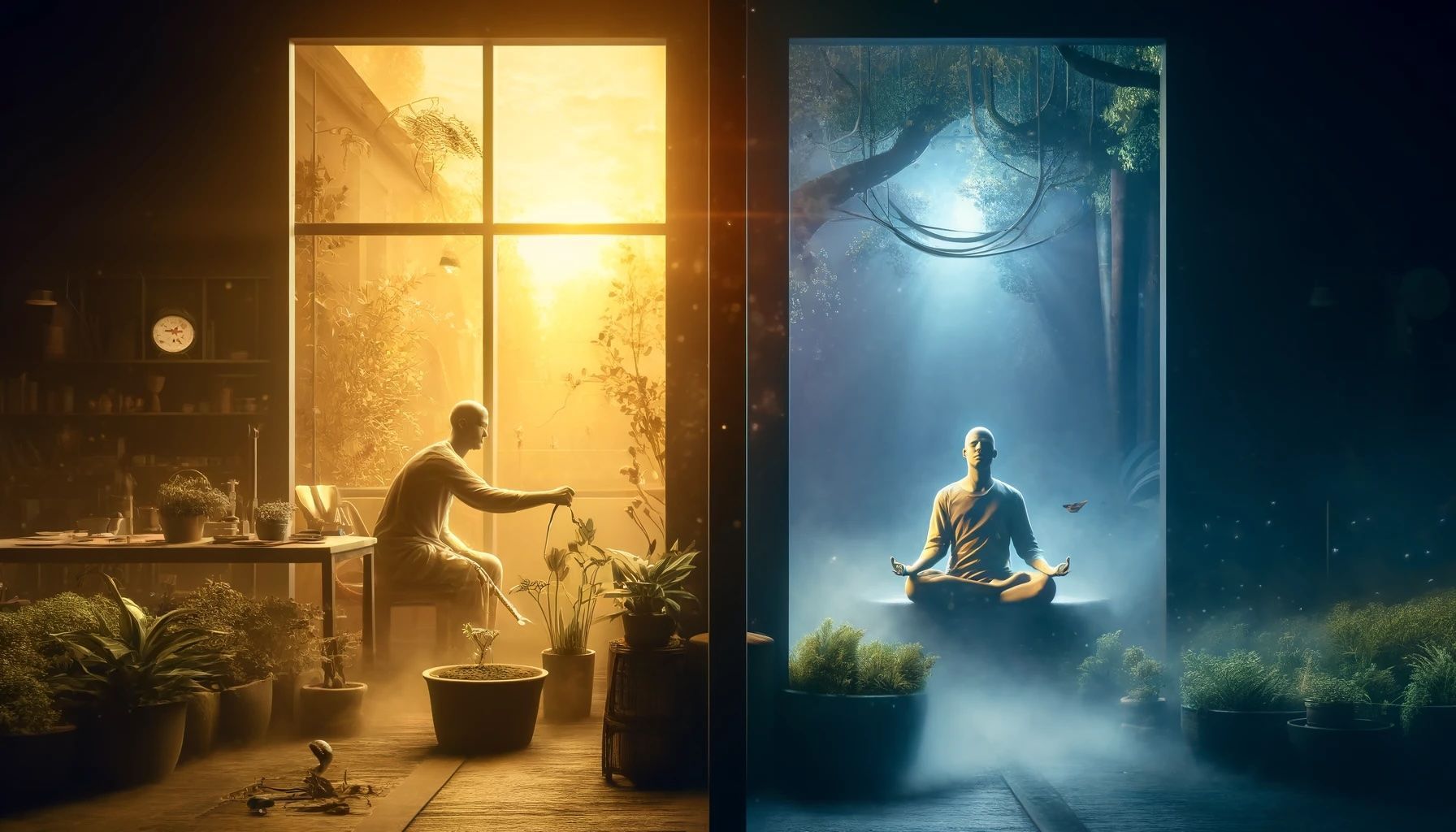 A man is sitting in front of a window and a man is sitting in a lotus position in front of a window.
