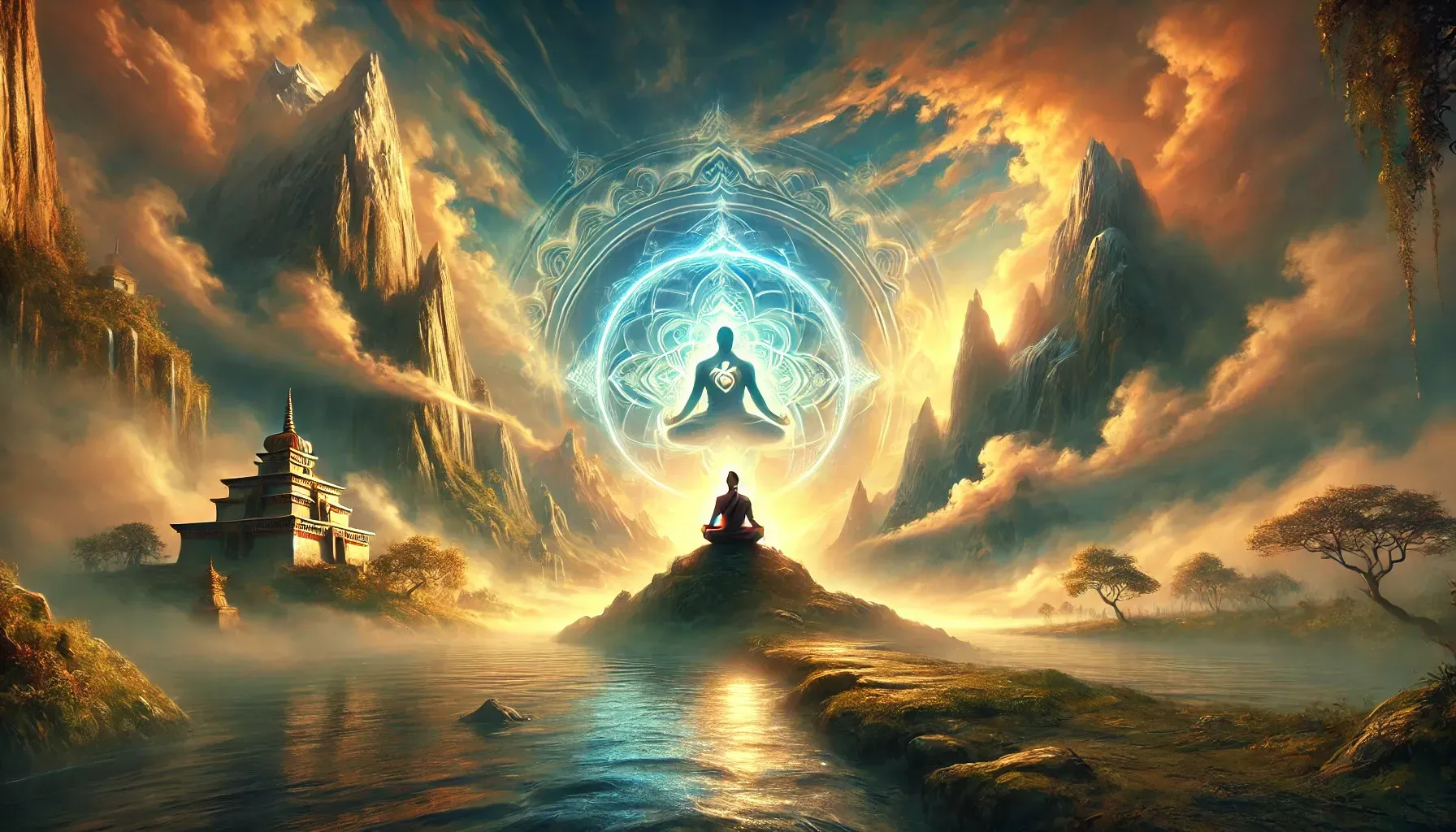 A man is sitting in a lotus position on top of a mountain next to a river.