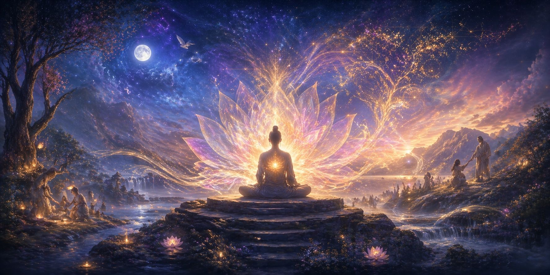 Glowing Buddha silhouette on a mountain at sunset, surrounded by swirling golden light and a starry sky