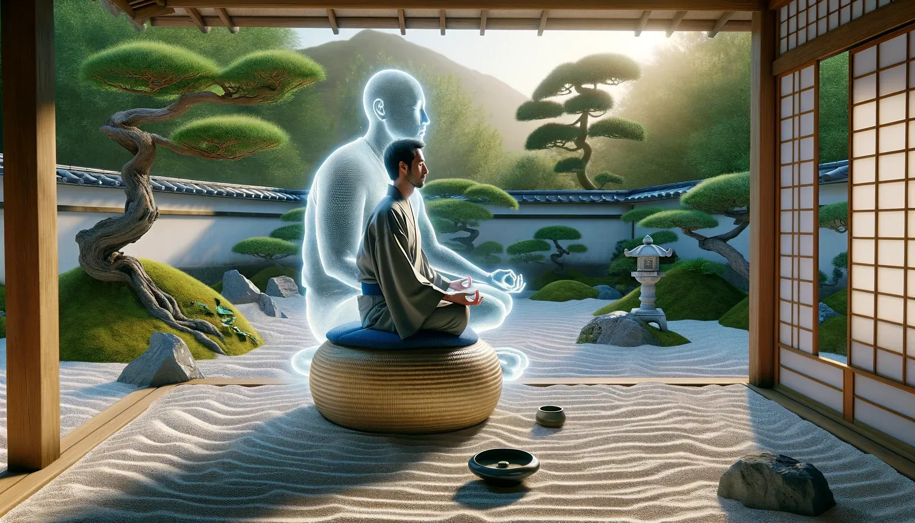 A man is sitting on a rock in a garden with his ego behind him.