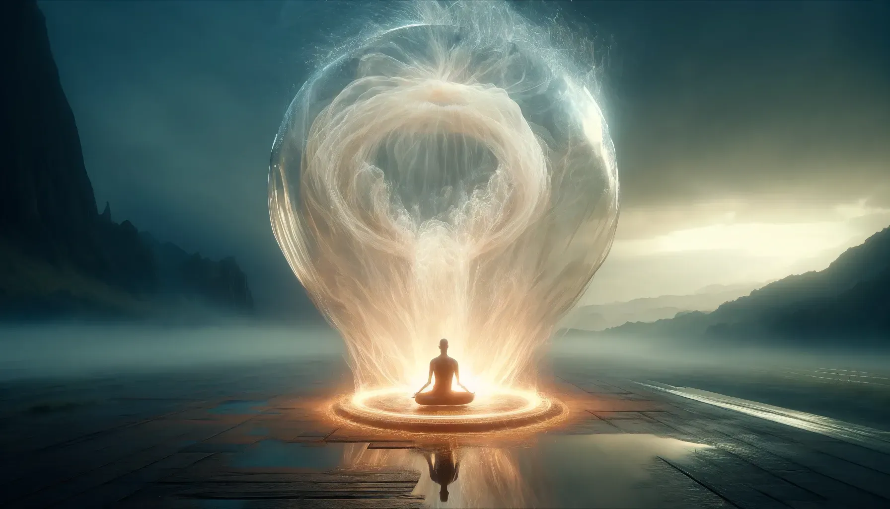 A person is sitting in a lotus position with energy surrounding him. 