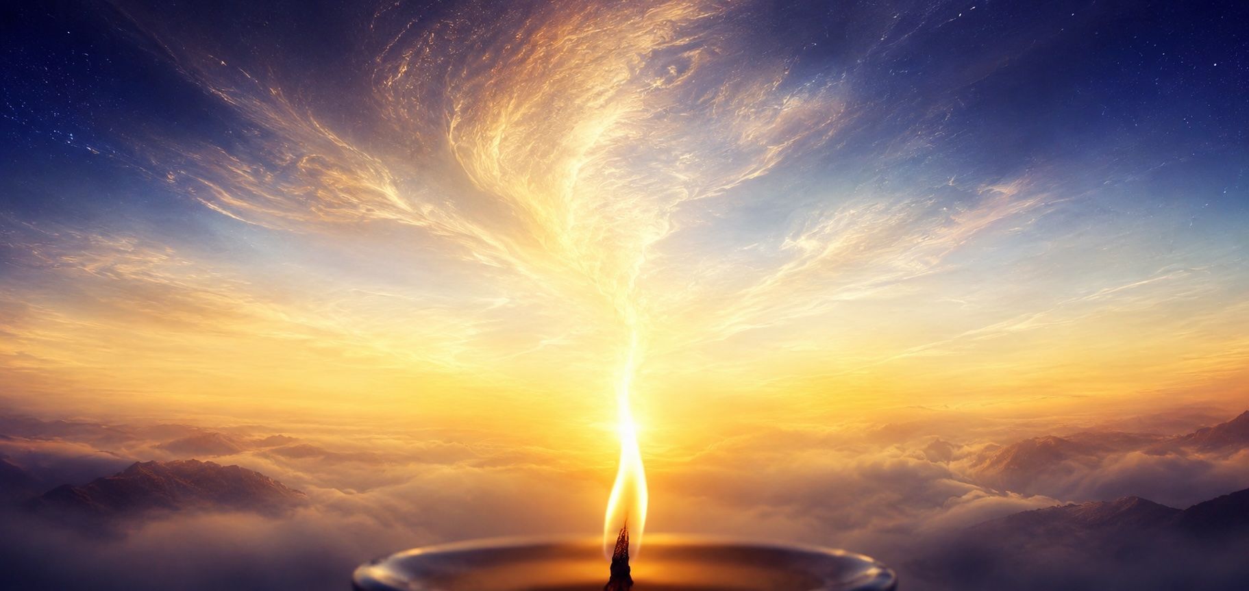 A person stands beneath a glowing golden burst in a surreal sunset sky over calm water.