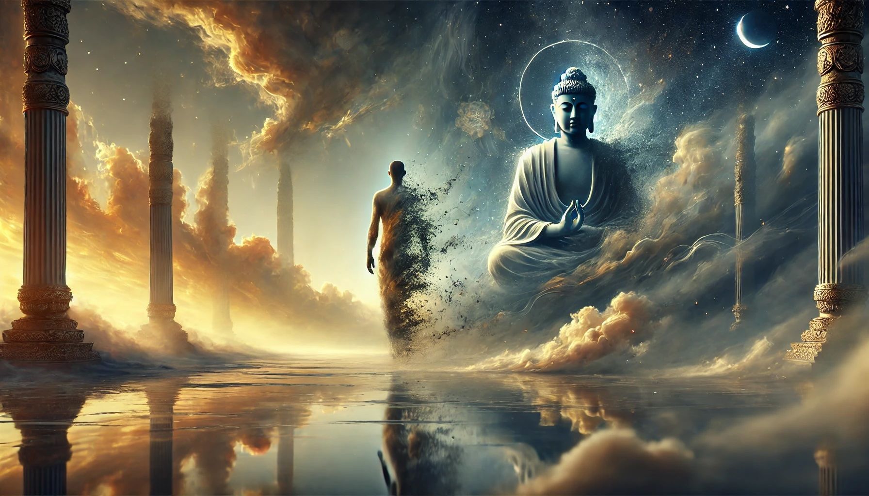 man waling on water with Buddha on the side