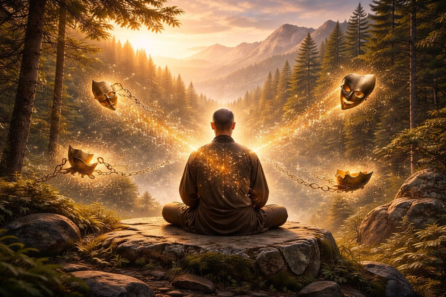 Person meditating outdoors, golden light emanating, four chained masks in the air, forest background.
