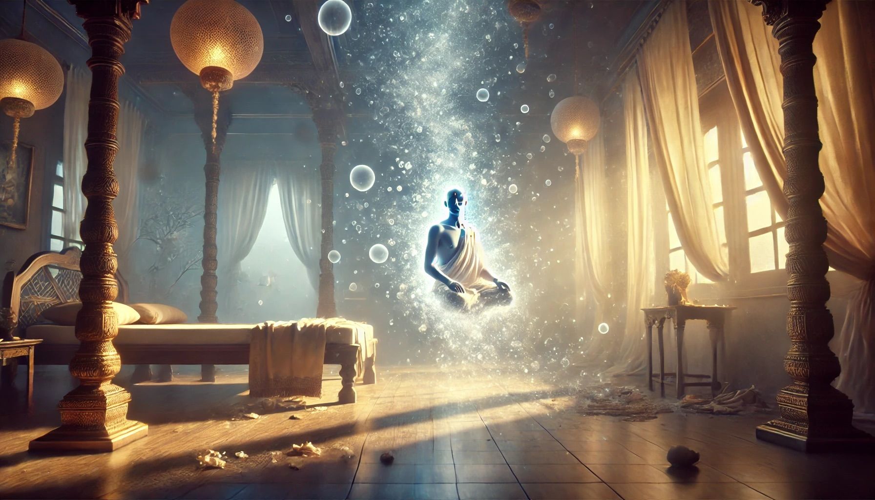 A man is sitting in a lotus position in a room with bubbles coming out of the ceiling.