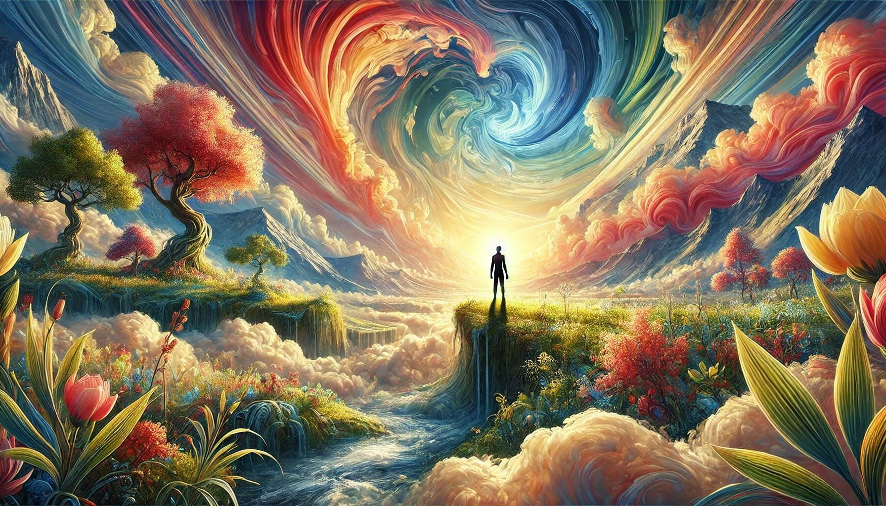 A man is standing on a cliff overlooking a river in a colorful painting.