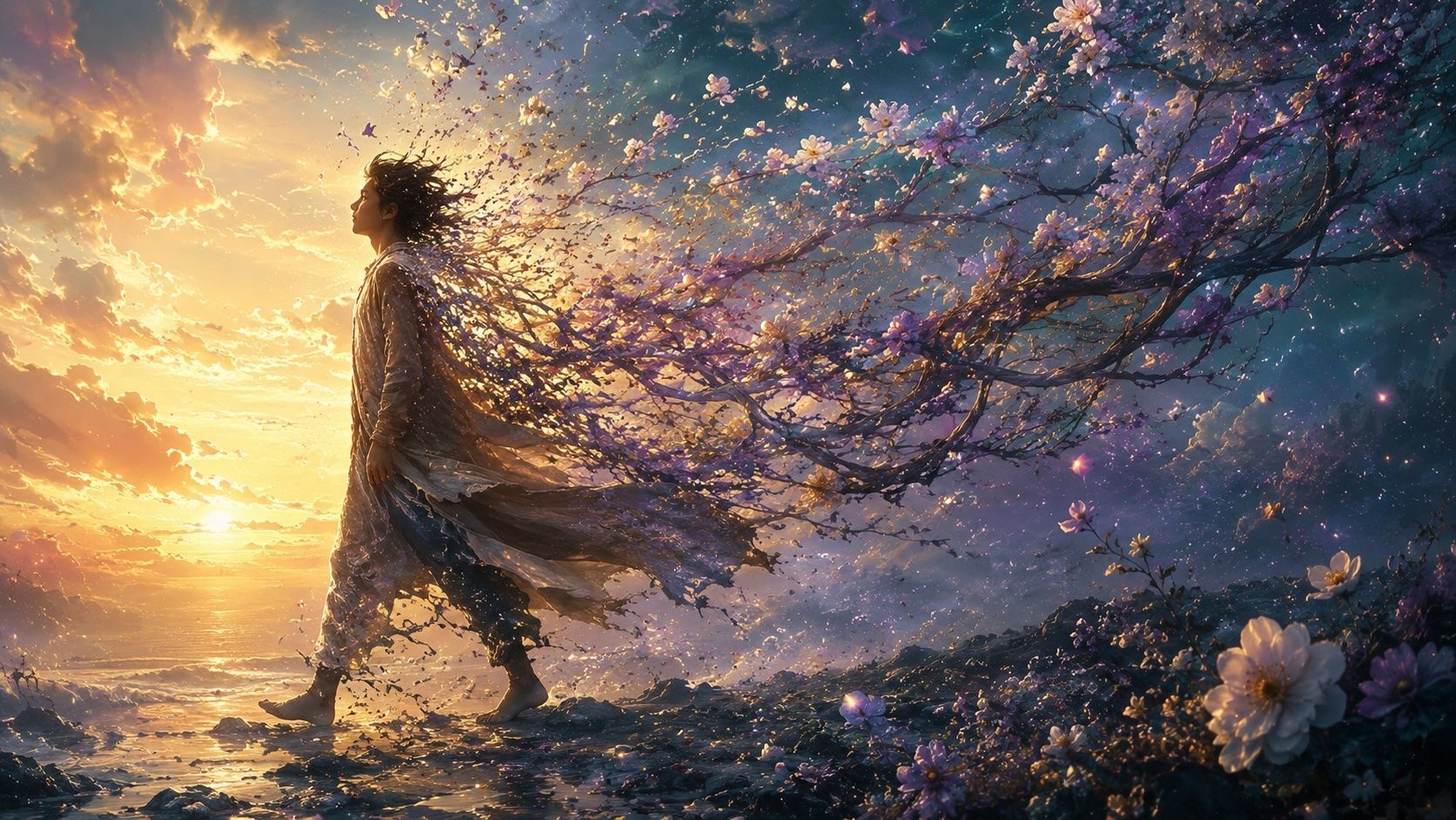 Silhouette in a glowing field at sunset, surrounded by drifting petals and a starry, dreamlike sky