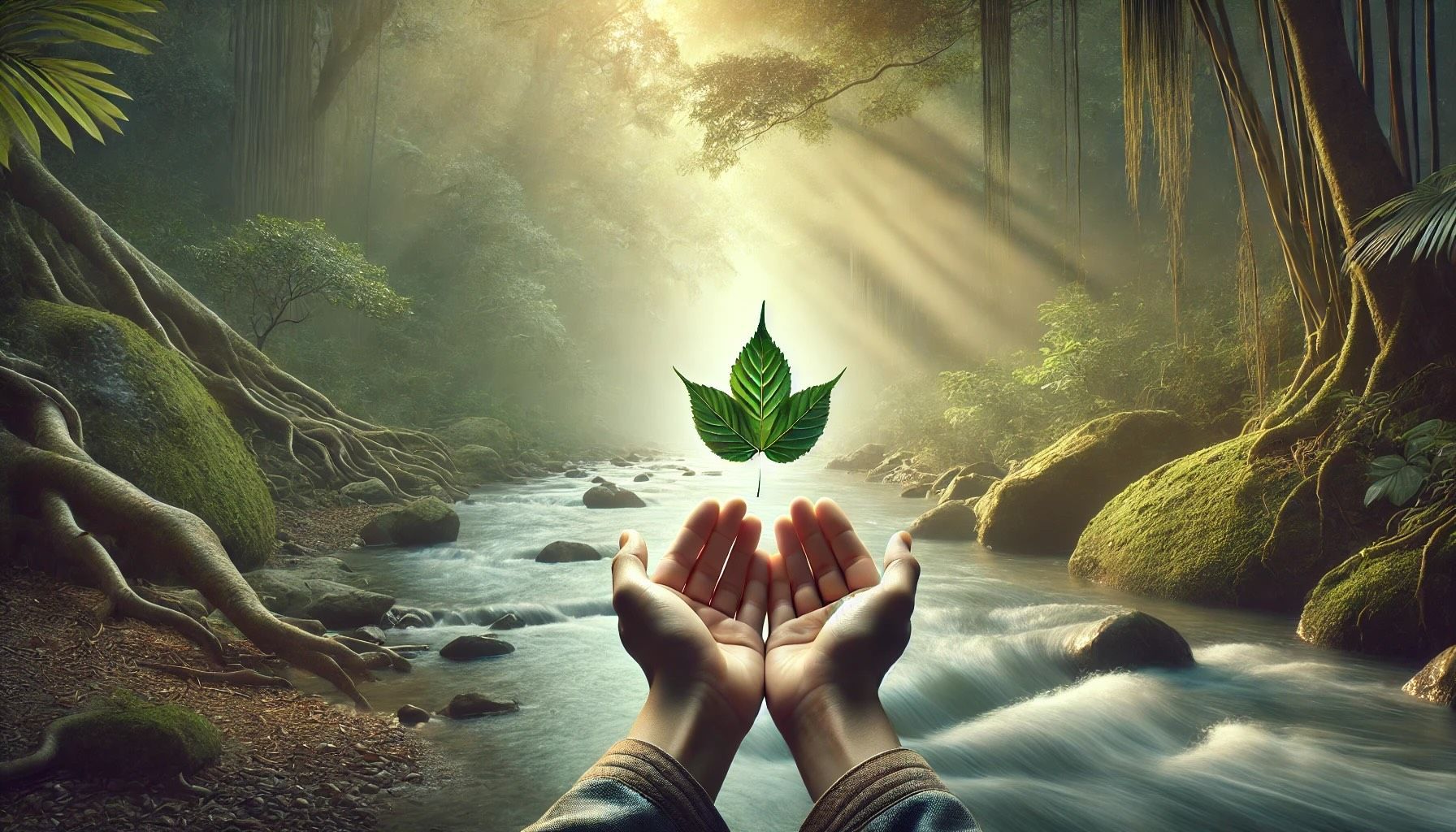 A person is holding a small plant in their hands in front of a river.
