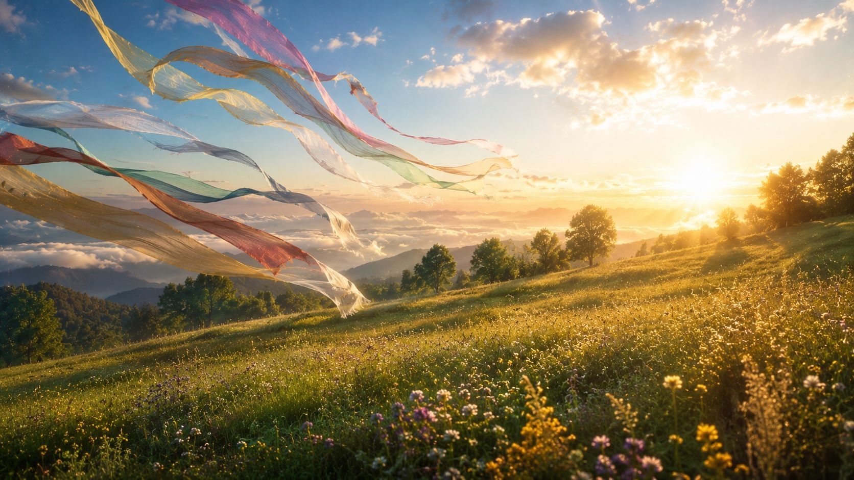 Sunrise over a wildflower meadow with colorful ribbons streaming across a bright sky