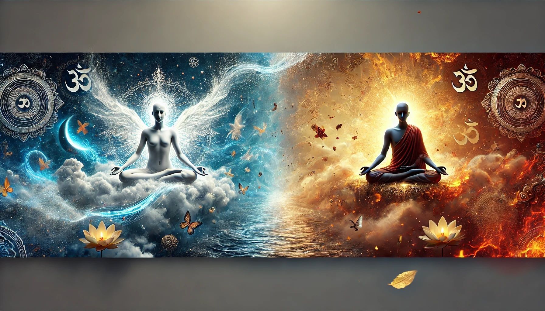 A man and a woman are sitting in a lotus position on a cloud.