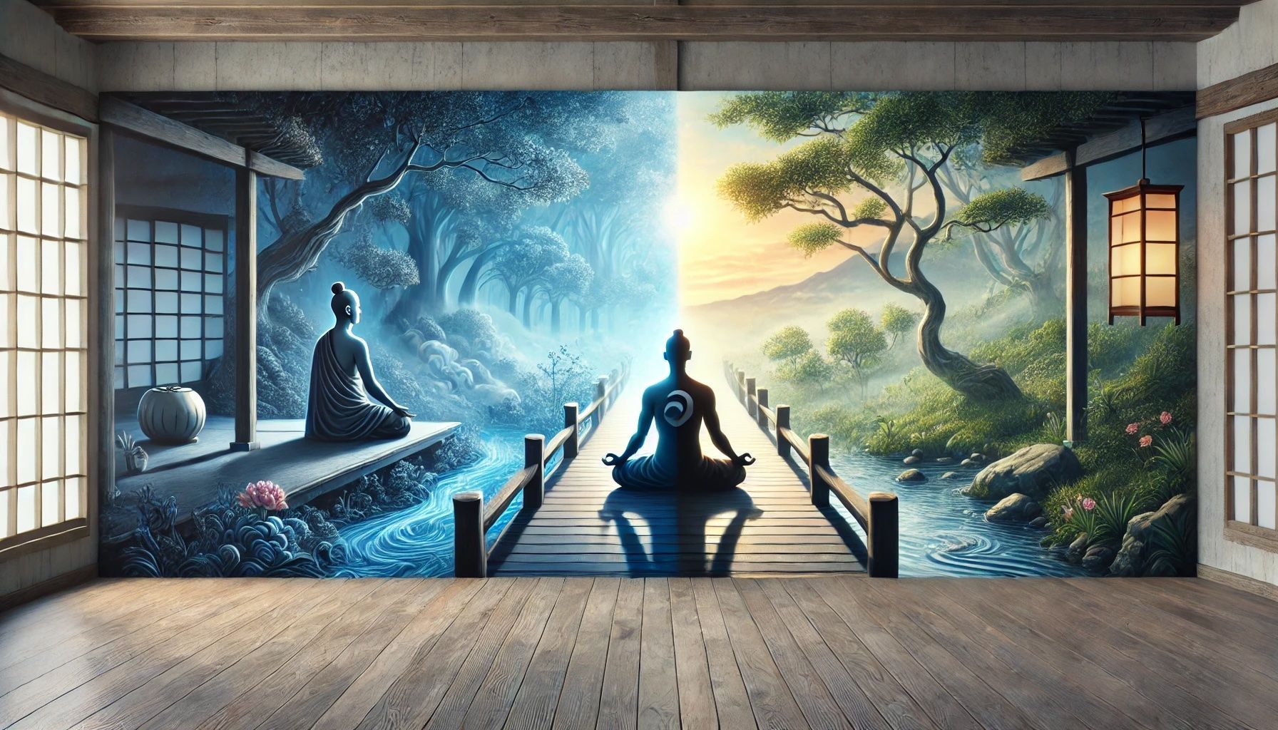 A room with a painting of a man sitting in a lotus position on a bridge.
