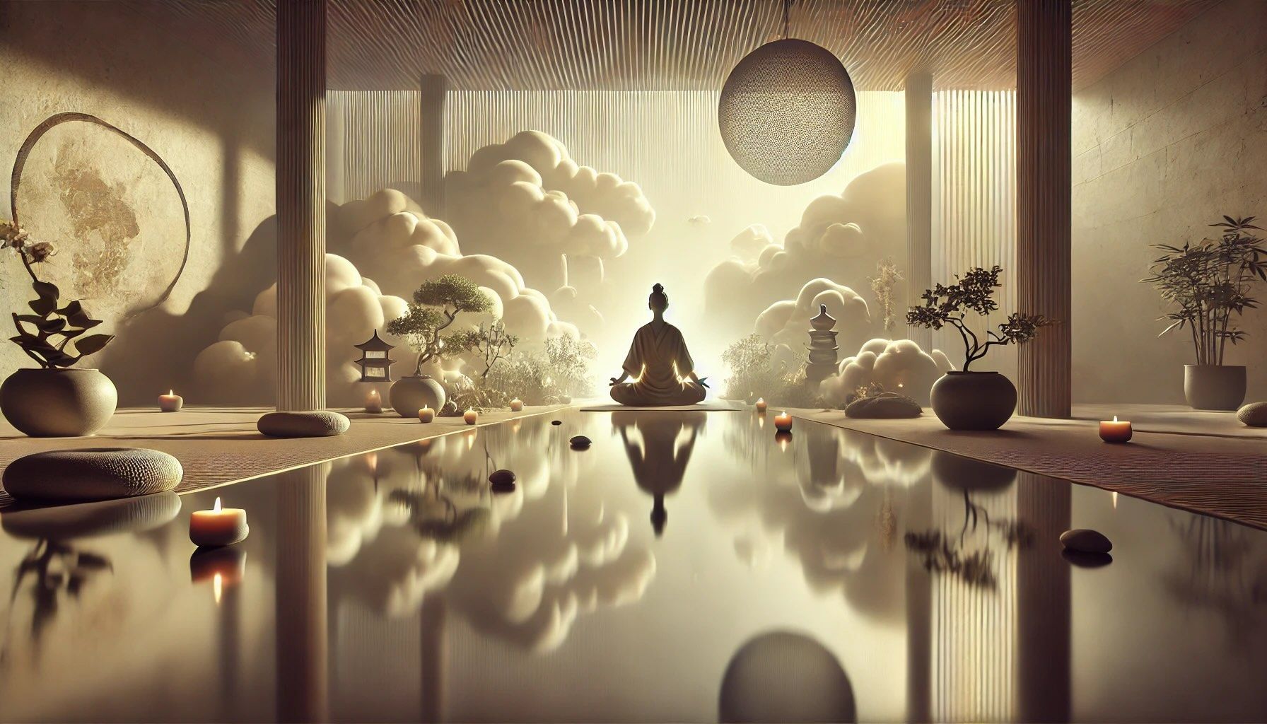 A man is sitting in a lotus position in front of a pool of water.