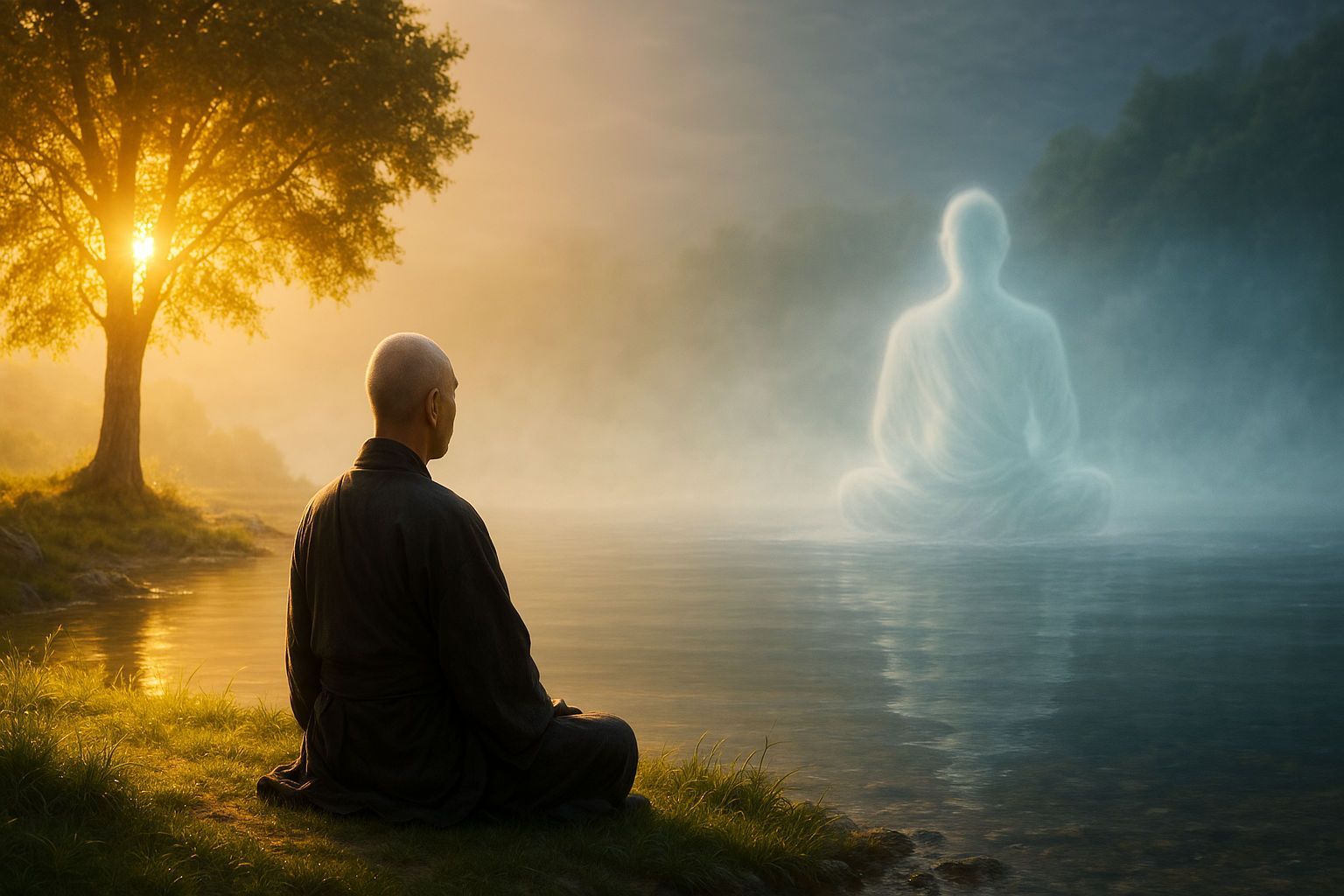 A man sits in a lotus position next to a body of water