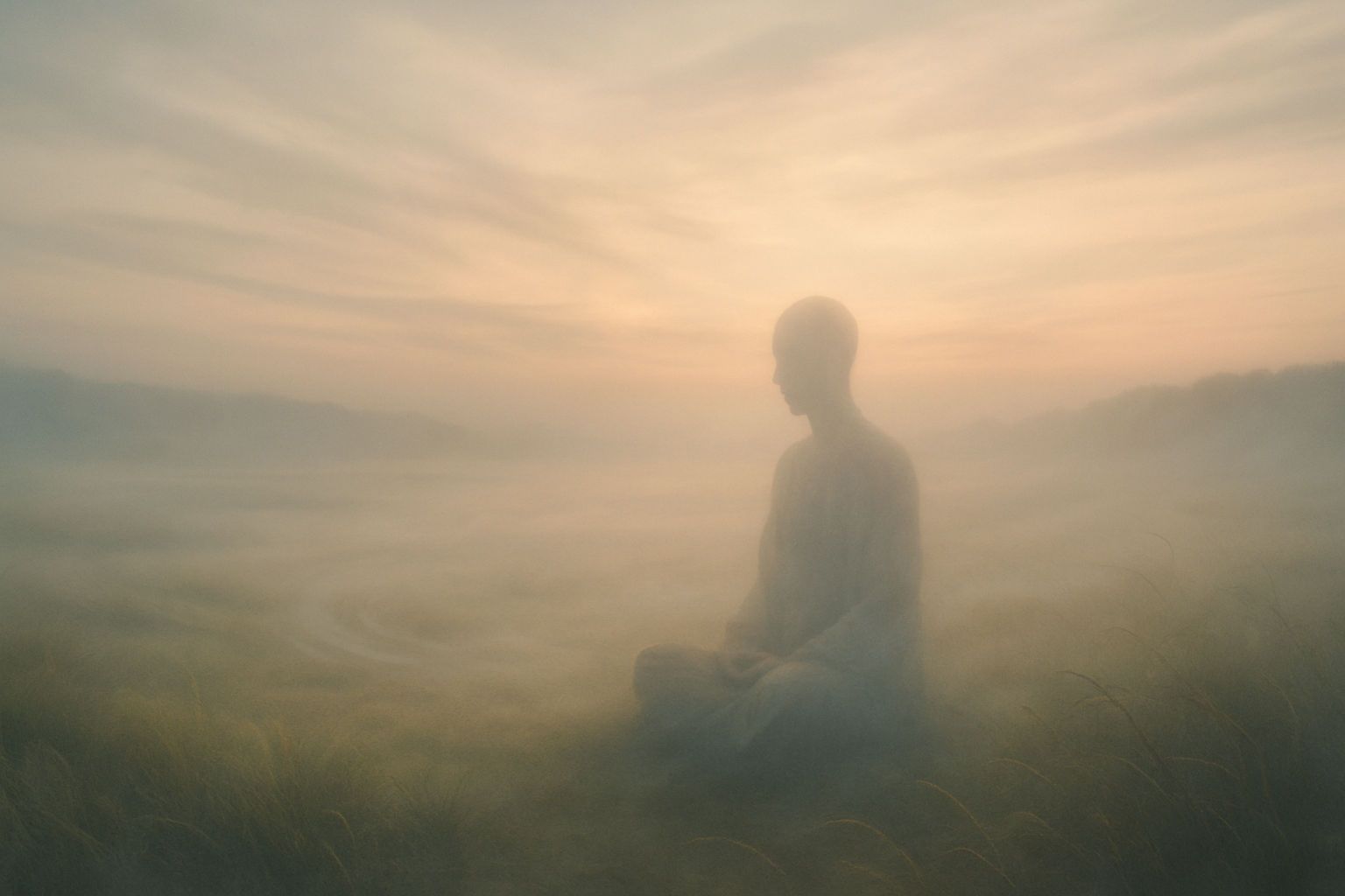A blurry picture of a person sitting in the fog at sunset.