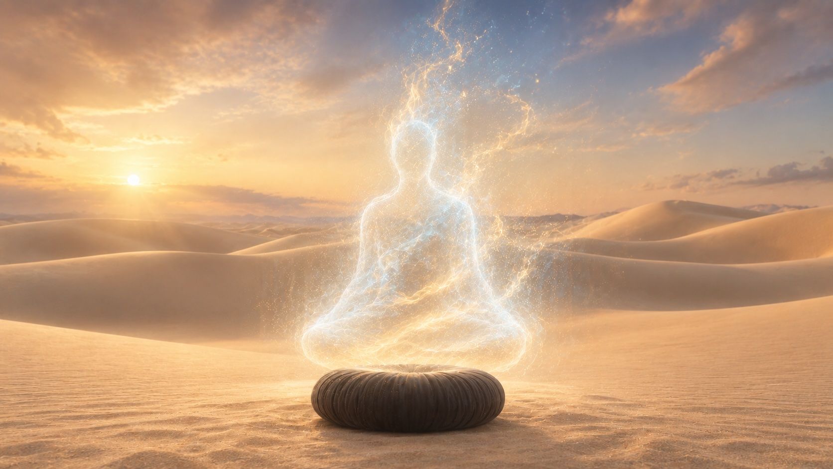 Glowing human figure hovering above a dark stone in a sunlit desert