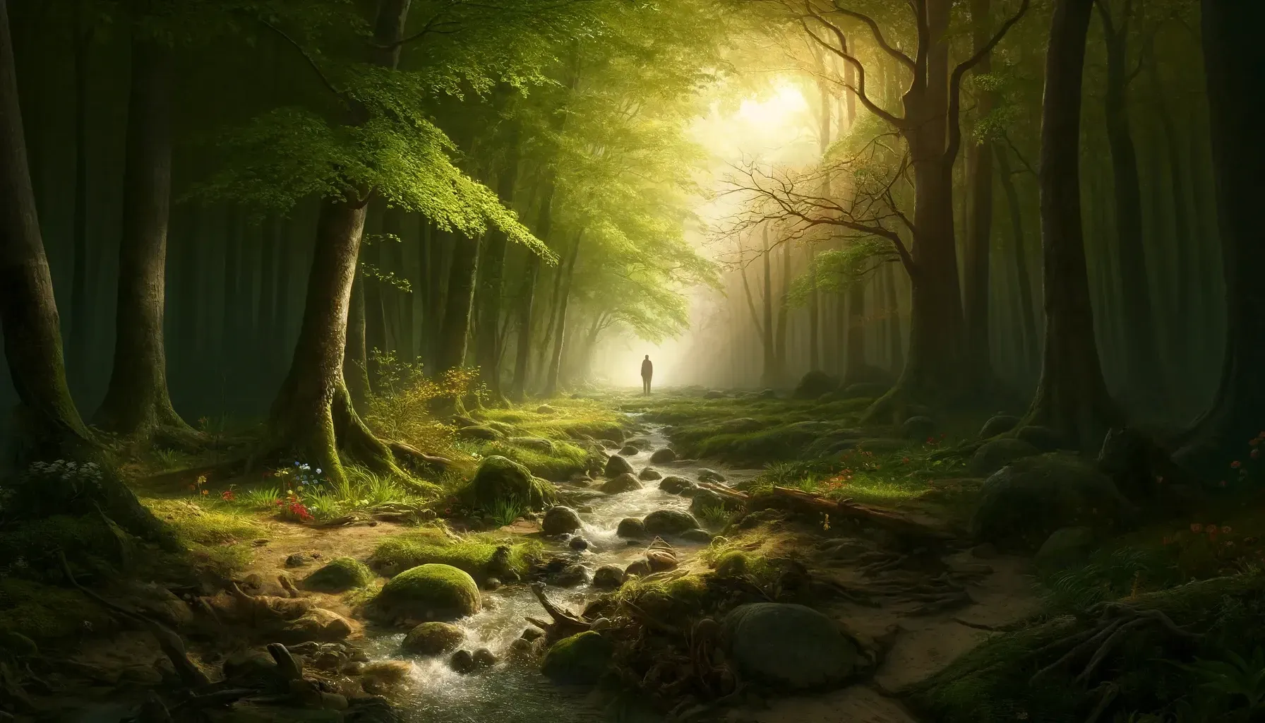 A person is standing in the middle of a forest next to a stream.