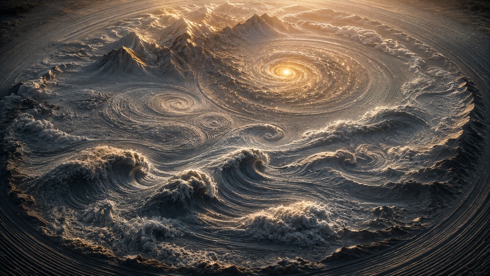 Glowing spiral galaxy-like vortex above churning dark waves in a surreal, cosmic scene