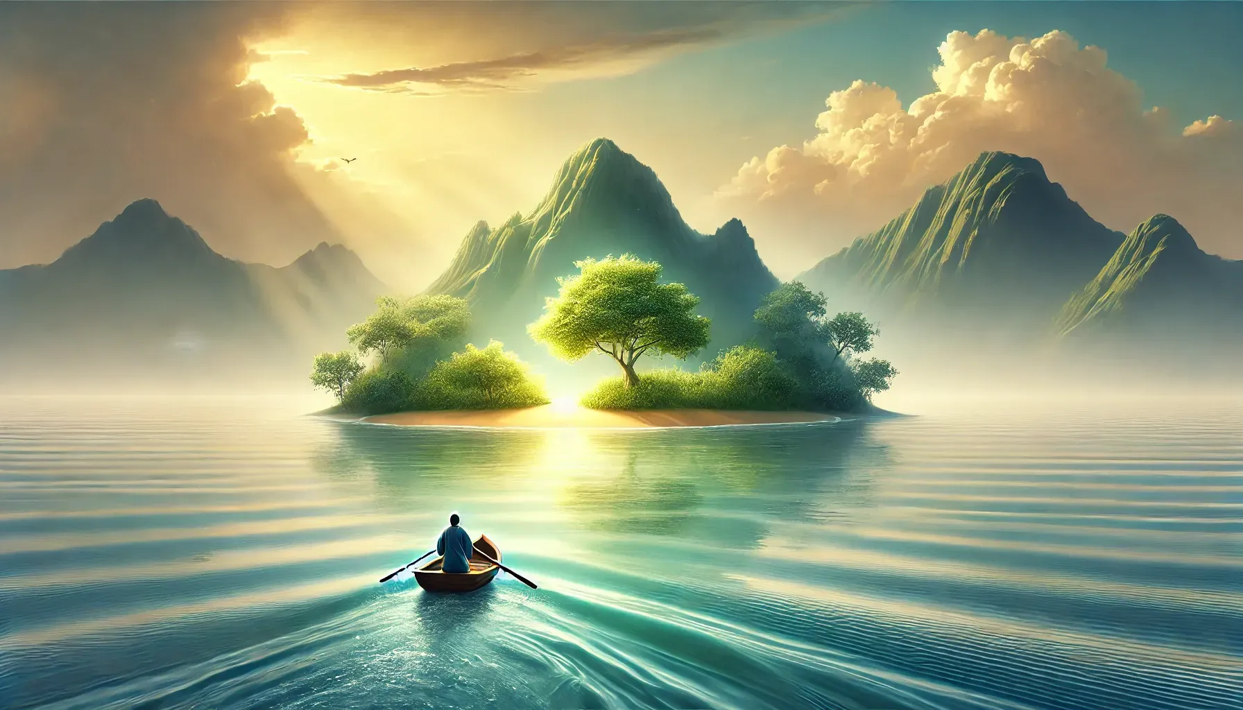 A man in a boat is rowing towards a small island in the middle of the ocean.