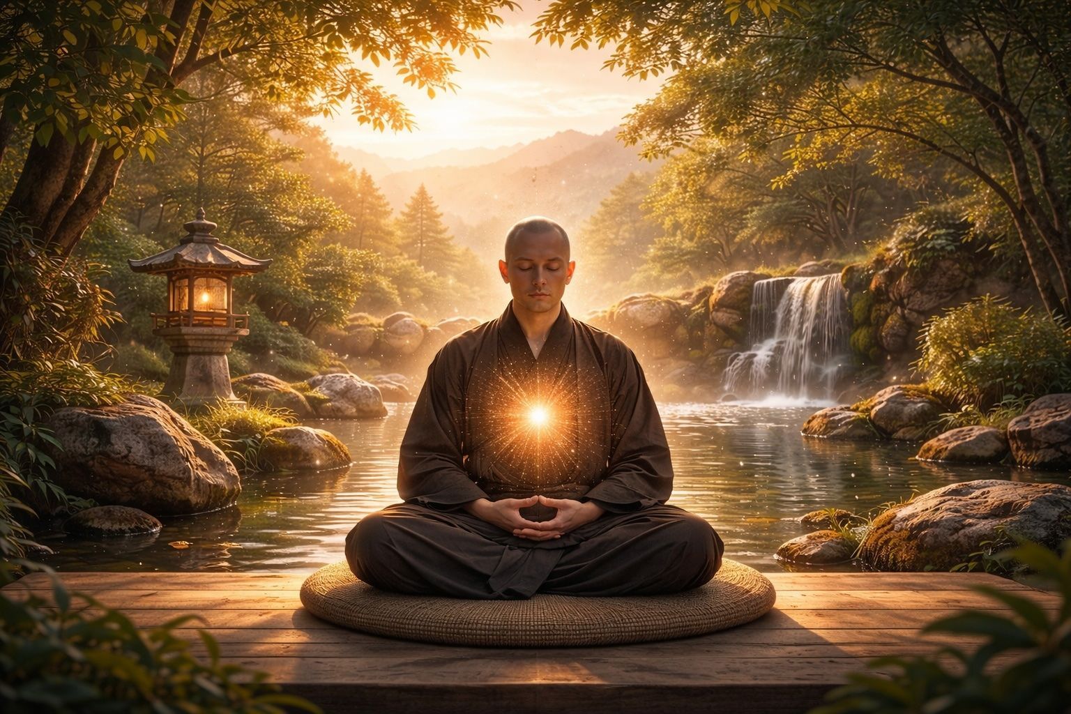 Man meditating with glowing energy in front of a waterfall, serene forest background.