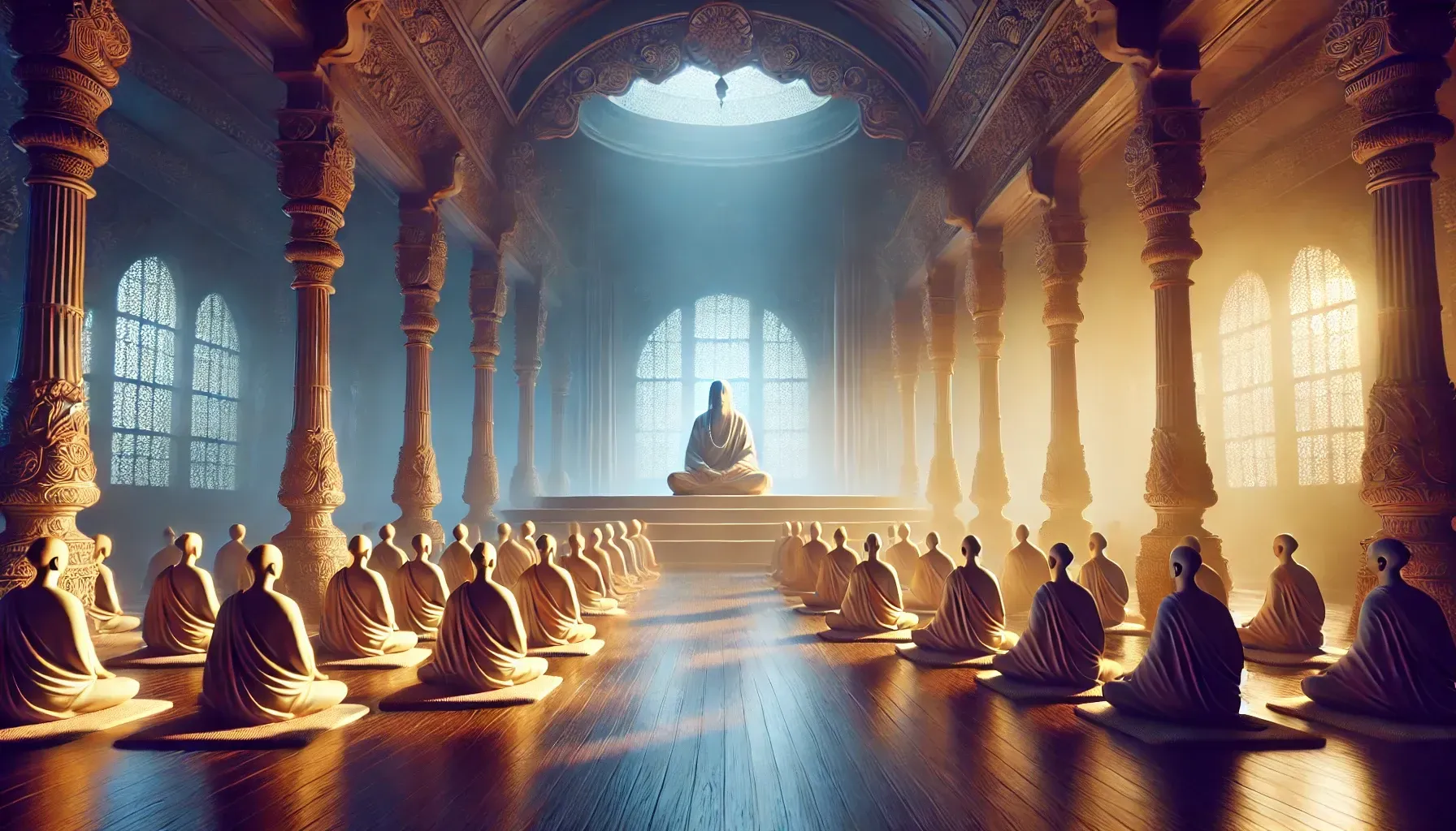 A group of people are meditating in a temple.