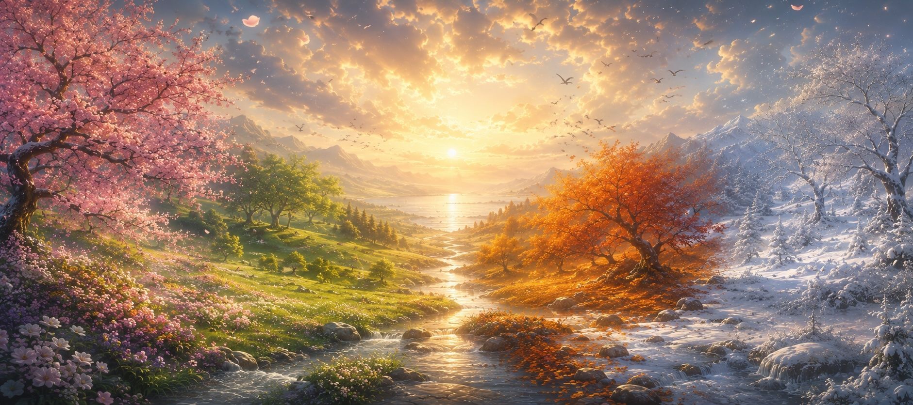 Colorful abstract landscape with glowing sunrise and sparkling pink, green, orange, and blue trees