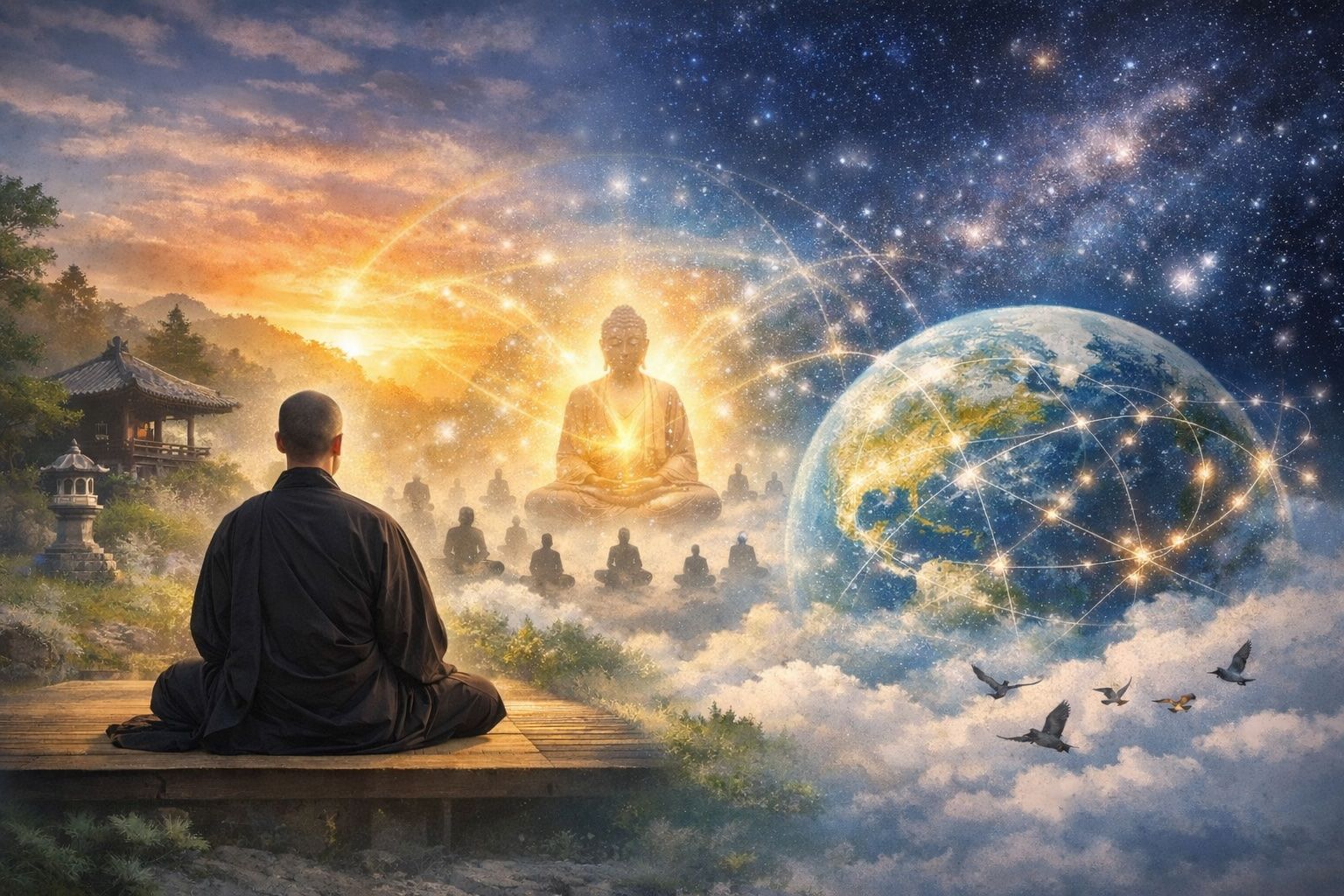 Meditating figure faces a glowing Buddha, Earth, and starry sky. Birds fly above clouds near a temple.