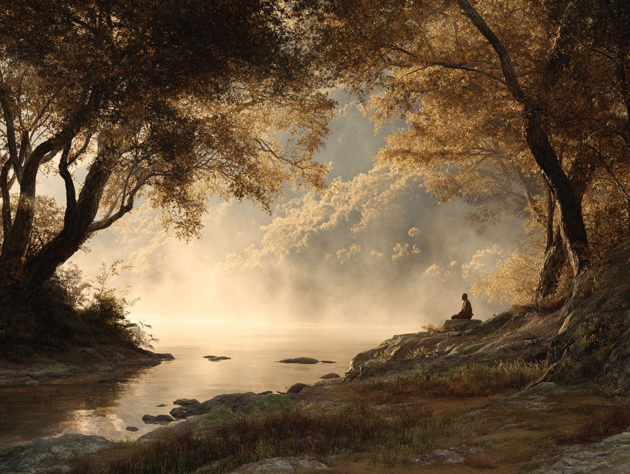 A person is sitting on a rock near a river surrounded by trees