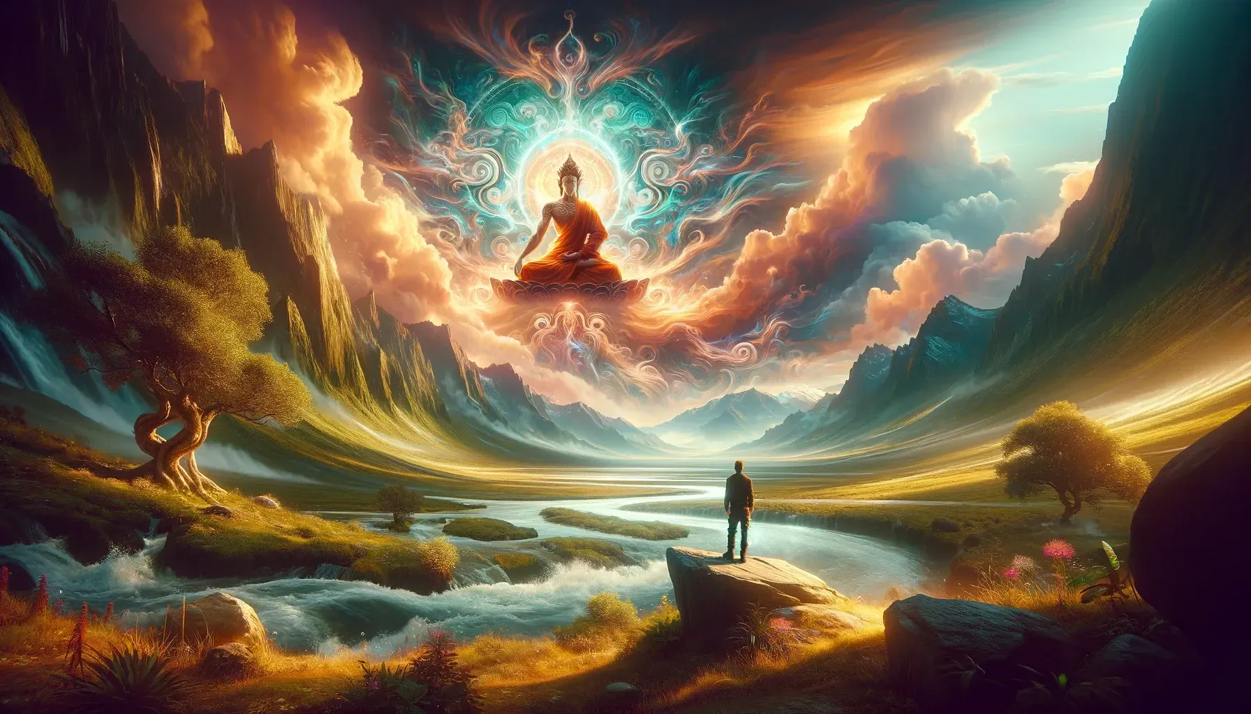 man standing next to river with buddah in the sky