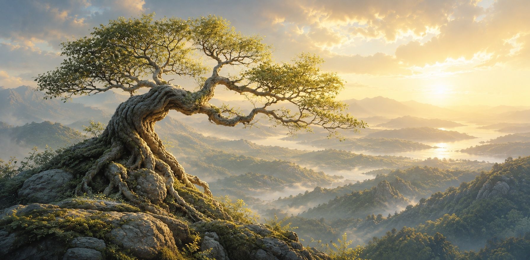 Twisted tree on a rocky hill at sunrise, with golden light and misty mountains in the background