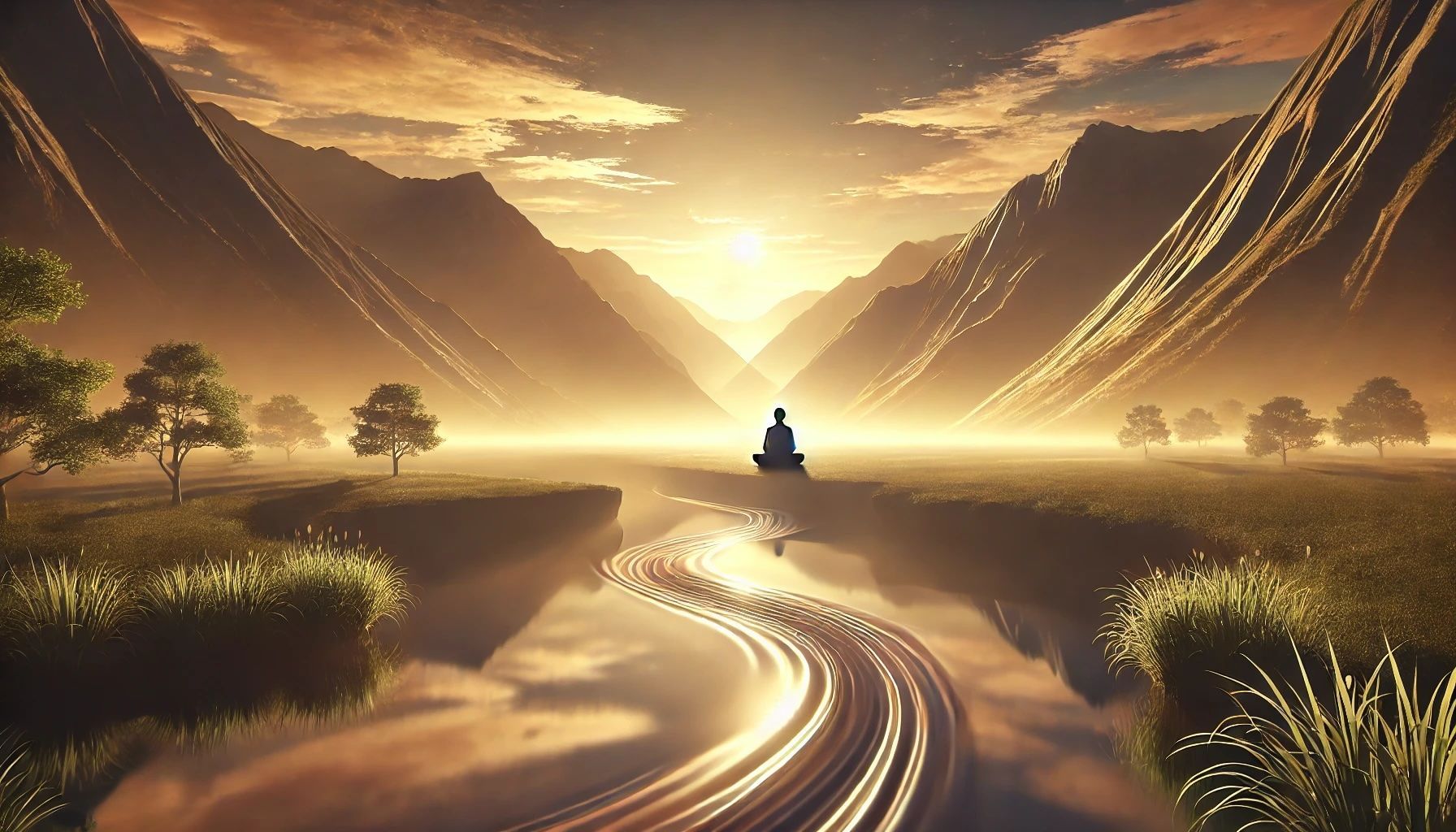 A person is sitting on a boat in the middle of a river in the mountains at sunset.